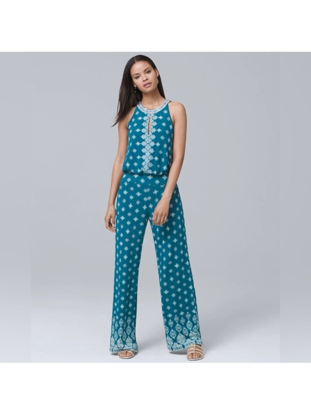 White House Black Market Teal Printed Halter Jumpsuit XS